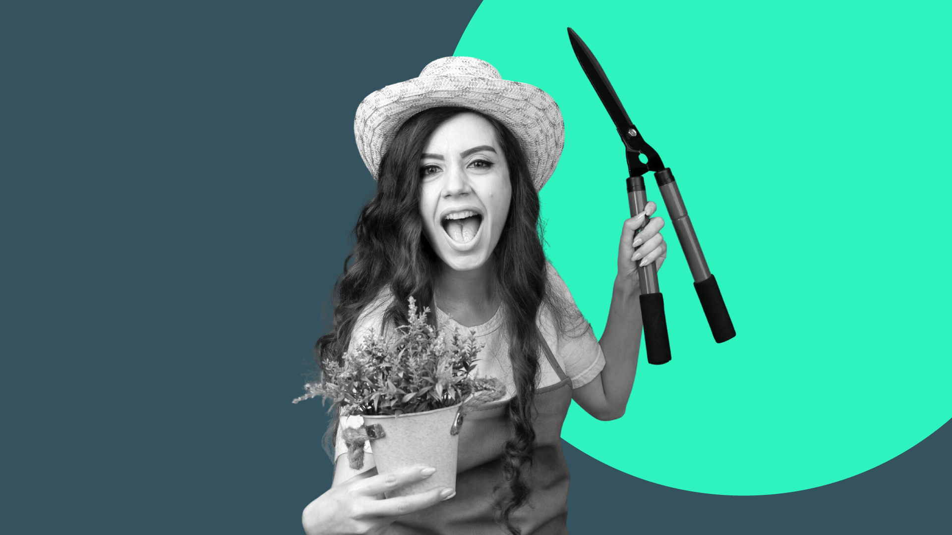 A woman with shears and a potted plant celebrates her gardening side hustle success